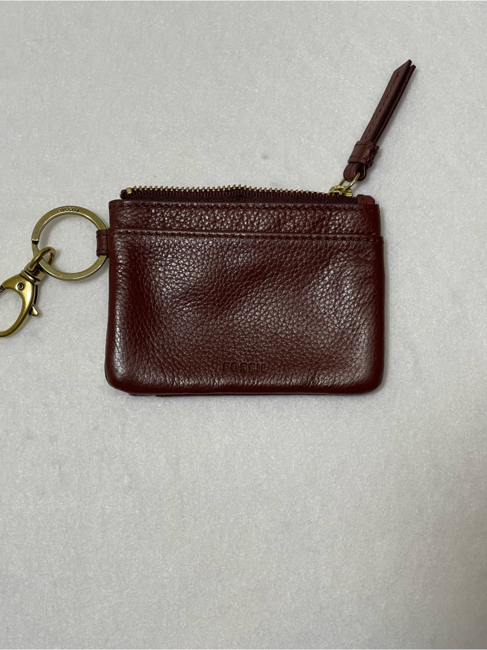 Fossil Brown Pebbled Leather Zip Wallet Card Case Keychain ID Holder - Picture 2 of 7